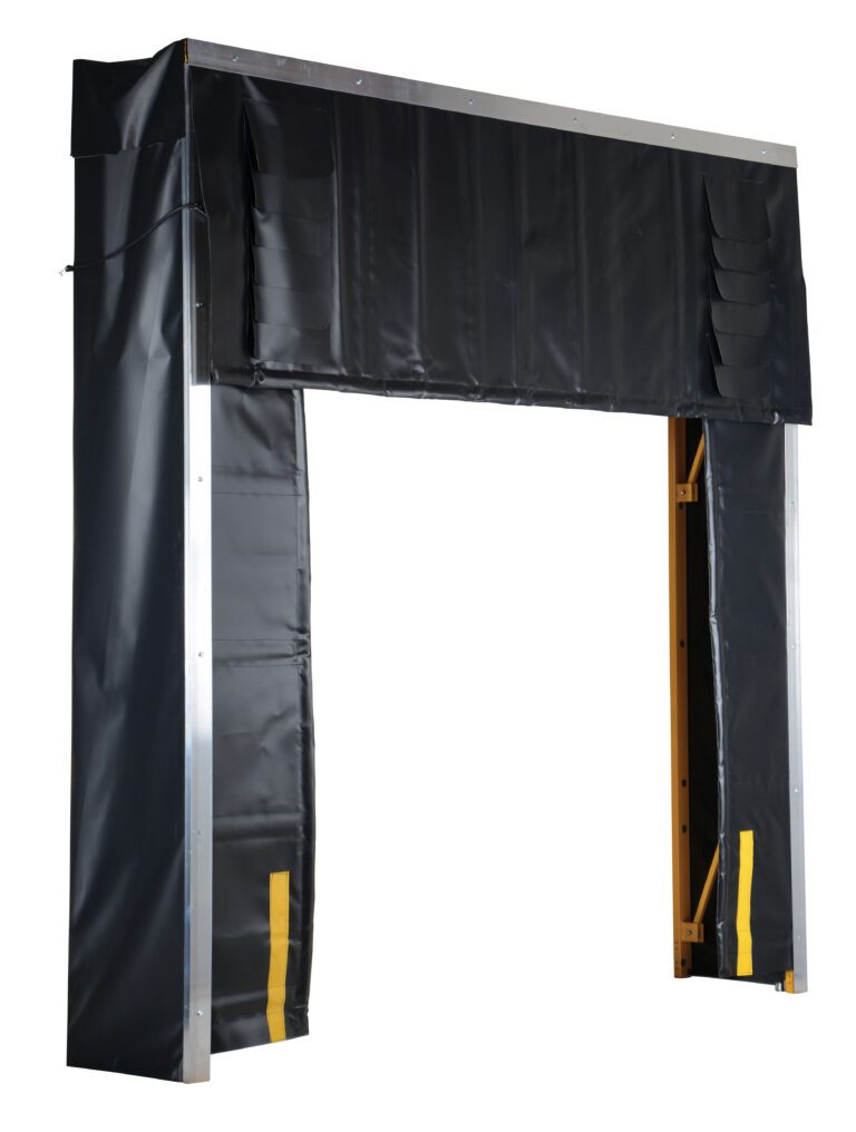 D-520-24_A.jpg The Vestil Retractable Dock Shelter 24 In Length is a stylish black dock seal with a sturdy metal frame, header cover, and vertical sides for weather protection at loading=