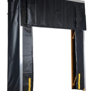 The Vestil Retractable Dock Shelter 24 In Length is a stylish black dock seal with a sturdy metal frame, header cover, and vertical sides for weather protection at loading bay doors. Its reinforced corners with meticulous stitching ensure added durability during loading and unloading.