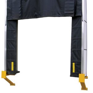 The Vestil Dock Shelter 36 In Projection 11X10.5 Ft features an industrial black finish with yellow safety bumpers on each side and a retractable fabric canopy, providing a secure seal for loading=