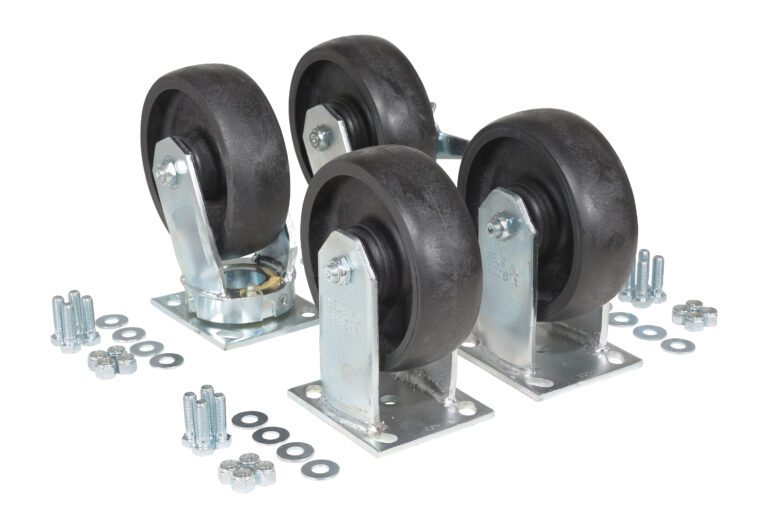 D-CK4-C23C_A.jpg Four black rubber caster wheels with metal mounts, similar to the Vestil 6X2 Glass Filled Nylon Caster Kit 8000# Cap, are grouped together. Scattered around them on a white background are several metal bolts, nuts, and washers.