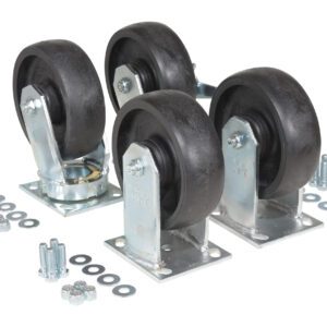 Four black rubber caster wheels with metal mounts, similar to the Vestil 6X2 Glass Filled Nylon Caster Kit 8000# Cap, are grouped together. Scattered around them on a white background are several metal bolts, nuts, and washers.