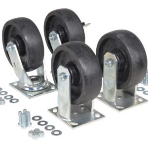 The Vestil 6X2 Glass Filled Nylon Caster Kit 5000# Cap includes four durable black rubber caster wheels with metal brackets and an assortment of bolts, washers, and nuts, ideal for assembly needs.