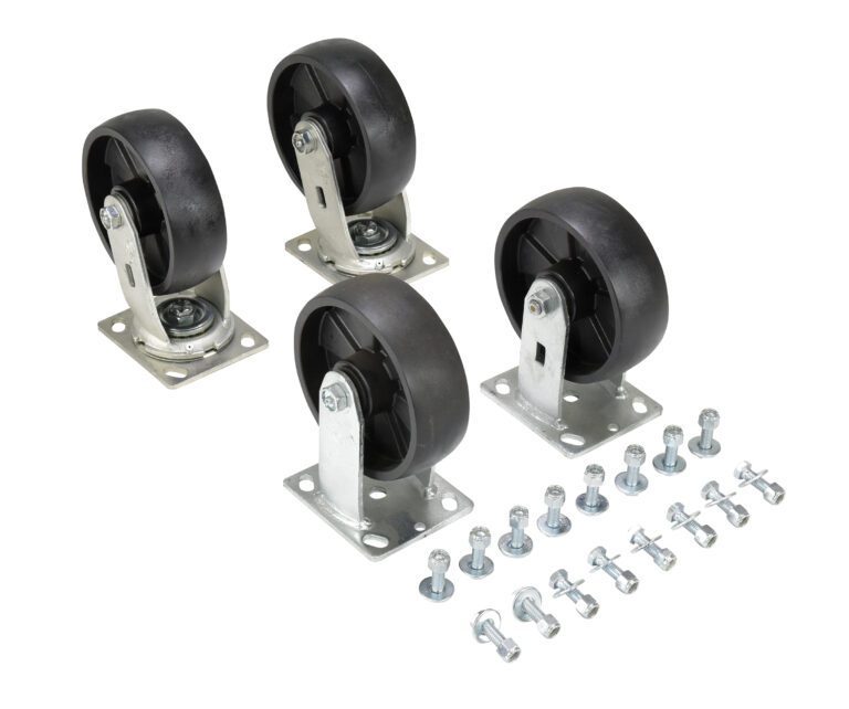 D-CK4-GFN6-2_A.jpg On a white background are four black wheels with metal brackets and the Vestil 6X2 Glass Filled Nylon Caster Kit (4800# cap). Screws and washers for assembly are included. The wheels feature a swivel base, ideal for mounting on furniture or equipment.