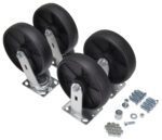 Four black caster wheels with silver brackets, similar to the Vestil Caster Kit, are in a row. To the right, screws, washers, and nuts are grouped on a white background.
