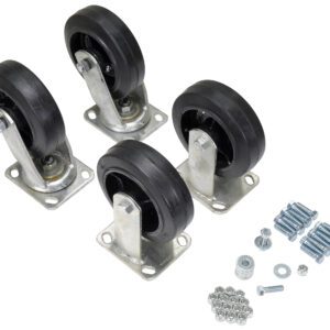 A semi-circle is formed by four Vestil 6X2 Mold-On-Rubber casters with metal frames, while bolts, nuts, and washers are ready for assembly, offering a strong 2400# capacity.