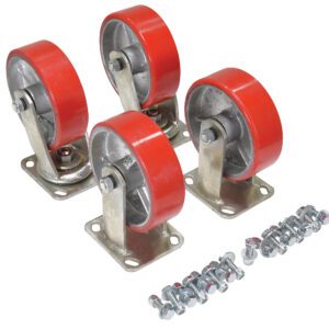 Four red and silver caster wheels with mounts sit in a row, surrounded by scattered bolts and nuts, suggesting assembly. They resemble the Vestil 6X2 Poly-On-Steel Caster Kit 4800# Cap.
