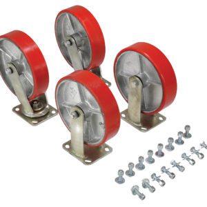 The Vestil 8X2 Poly-On-Steel Caster Kit 5000# Cap includes four robust red and silver swivel casters with durable metal mounting plates, plus a variety of bolts and nuts, making them ideal for heavy-duty applications.