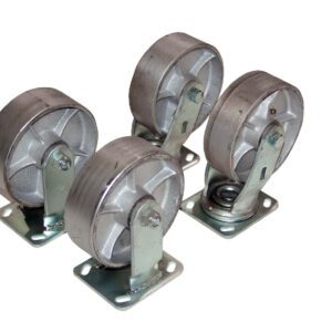The Vestil 8X2 Semi-Steel Caster Kit, featuring a 4800# capacity, includes four silver-colored round metal wheels with square base plates arranged in a staggered formation on a white background, showcasing visible treads and support brackets.
