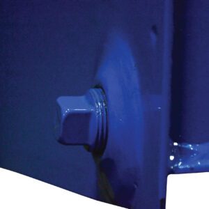 Close-up of a blue painted metal hex bolt from a metal surface, similar to the secure fit youd find with the Vestil D Style Hopper 2 In Drain Plug Option. The bolt is securely in place, with lighting creating shadows and edges showing a smooth finish.