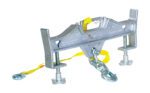 The silver metal clamp with adjustable screws and a large hook includes yellow safety straps for added security; its robust design, similar to the Vestil Hoisting Hook Double Swivel/Latch 10K, is ideal for heavy-duty tasks.