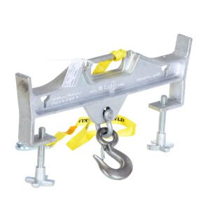 The Vestil Hoisting Hook Double Rigid/Latch 4K Cap boasts a robust metal clamp, yellow handle, and large bottom hook. It is secured by two adjustable side bolts for heavy-duty work with maximum efficiency.