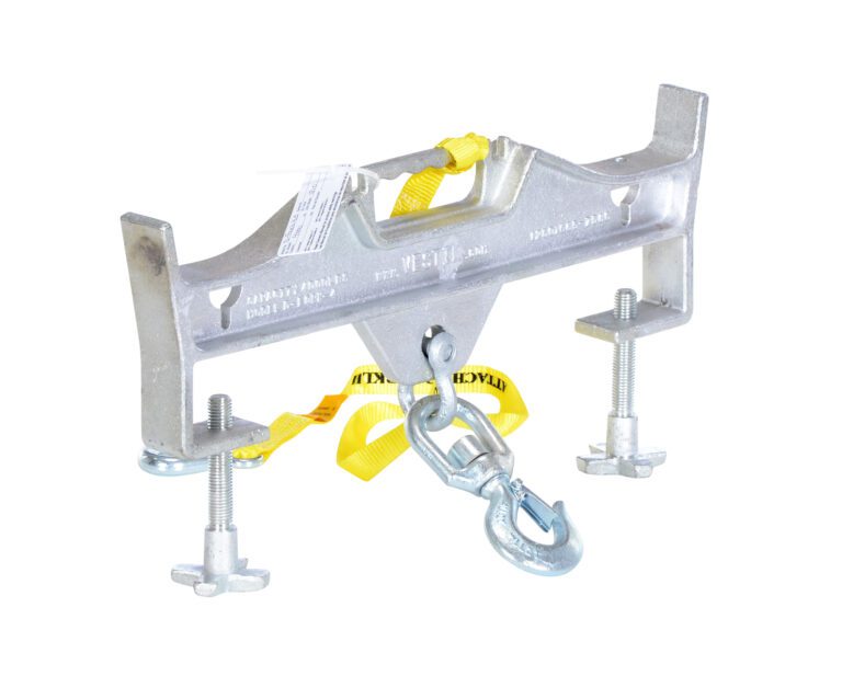 D-FORK-4-SL_A.jpg The metal lifting clamp with a Vestil Hoisting Hook Double Swivel/Latch 4K includes adjustable screws on both sides and a yellow safety strap, making it ideal for heavy-duty industrial applications due to its durability and reliability.
