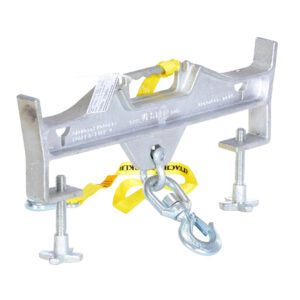 The metal lifting clamp with a Vestil Hoisting Hook Double Swivel/Latch 4K includes adjustable screws on both sides and a yellow safety strap, making it ideal for heavy-duty industrial applications due to its durability and reliability.
