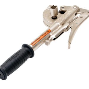 The Vestil Manual Drum Deheader Express Open is an industrial metal tool featuring a black rubber handle, lever, rotating mechanism, cylindrical component, and tension-adjusting bolt. Its textured grip allows easy handling for seamless drum opening.