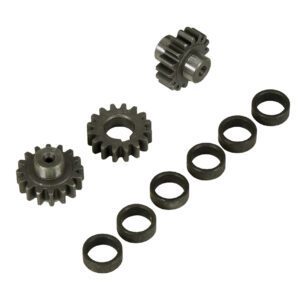 Two metal gears, resembling the Vestil Drum Deheader Replacement Gear, with multiple teeth and a central hole, are placed alongside six perfectly circular washers on a white background.