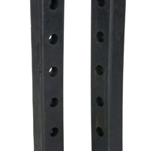 Two vertical black rectangular blocks, each 30 inches tall with circular holes, resemble the Vestil Hardened Molded Rubber Bumper Two 30 In as they stand upright against a plain white background.