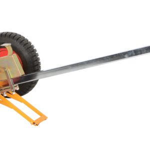 The Vestil Deluxe Tilt Back Drum Truck is a versatile dolly with metal wheels, red rims, and an orange frame. It features two large black tires and a long handle with two black grips for comfortable handling of heavy objects.