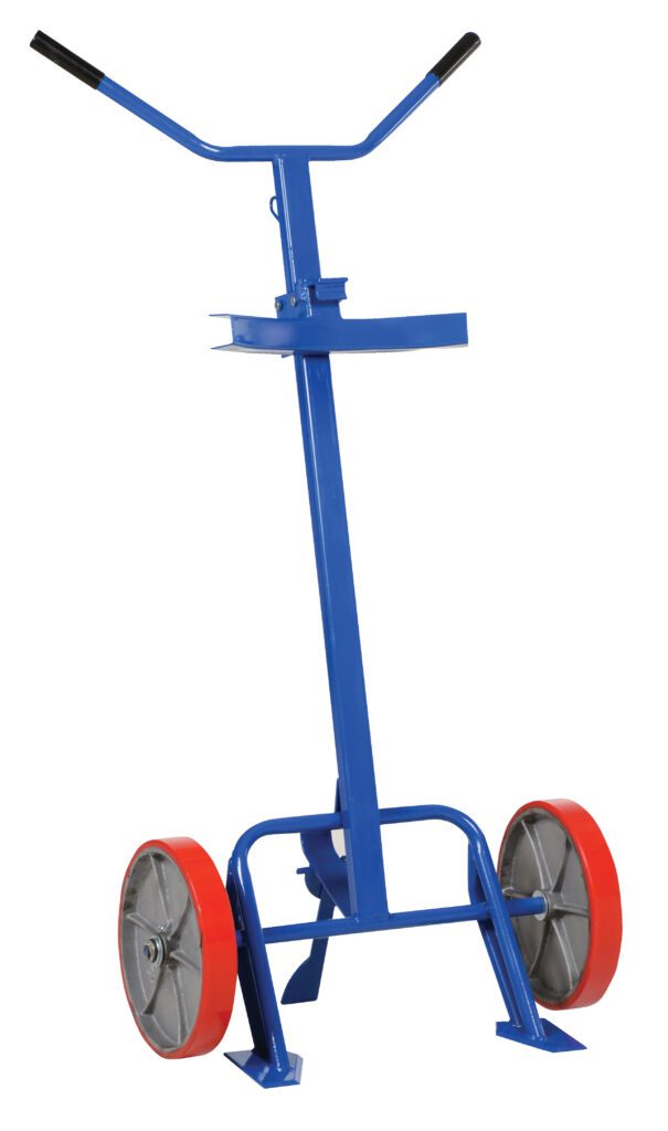 The Vestil Poly-On-Steel Barrel/Drum Truck 800 Lb is a blue hand truck with red-edged wheels, a tall handle, and a flat base, ideal for easily transporting heavy or bulky items.