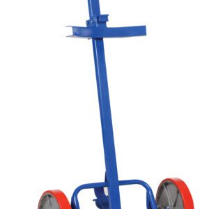 The Vestil Poly-On-Steel Barrel/Drum Truck 800 Lb is a blue hand truck with red-edged wheels, a tall handle, and a flat base, ideal for easily transporting heavy or bulky items.