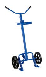 The Vestil Rubber-On-Steel Barrel/Drum Truck 800 Lb is a blue hand truck with two black wheels and a handlebar, designed for easy item transport. Its sturdy frame includes a central support and loading=
