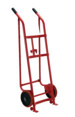 The Vestil Polyurethane Barrel/Drum Truck 800 lb is a red hand truck for moving heavy items, featuring a sturdy metal frame and two black wheels. It includes black-gripped handles for comfort and offers reliable support and stability with its simple vertical design.