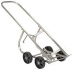 The Vestil Stainless Steel Drum Truck has a sturdy frame with four black wheels and a curved handle, made from durable stainless steel, facilitating heavy lifting and smooth transport.