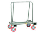 The Little Giant Drywall Cart features a durable gray A-frame platform, sturdy metal construction, and four swivel wheels with red-rimmed gray tires, designed to efficiently transport large flat items like sheet materials or panels.