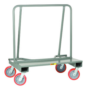The Little Giant Drywall Cart features a durable gray A-frame platform, sturdy metal construction, and four swivel wheels with red-rimmed gray tires, designed to efficiently transport large flat items like sheet materials or panels.