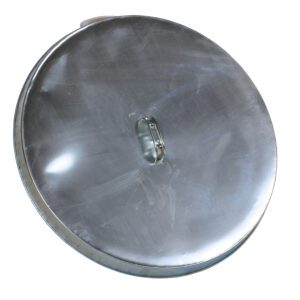 A round stainless steel pot lid mirrors the Vestil Open Head Galvanized Drum Cover W/Handle, with a central grip. Its glossy surface beautifully reflects light, and subtle markings add character.
