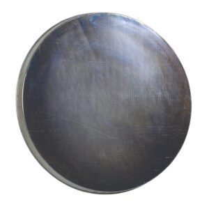 A round, metallic object with visible scratches and a subtle gray-to-blue gradient resembling a Vestil Open Head Galvanized Drum Cover has a flat, neutral appearance.