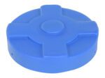 The Vestil Blue Drum Cover 30 Gallon fits snugly, featuring a smooth surface with four raised rectangular sections and a central circle for added style and functionality.