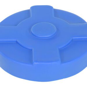 The Vestil Blue Drum Cover 30 Gallon fits snugly, featuring a smooth surface with four raised rectangular sections and a central circle for added style and functionality.