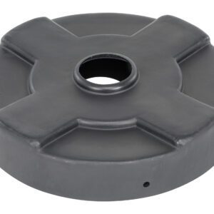 A black, round weight plate with a center hole and raised cross design reminiscent of the Vestil Drum Recycling Lid 30 Gal Drum Black.