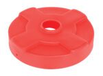 The red, round plastic object with a central hole and raised X design is similar to the Vestil Drum Recycling Lid for a 30-gallon drum.