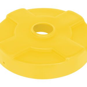 The Vestil Drum Recycling Lid for a 30-gallon drum is a bright yellow, plastic circular object with a central hole and four evenly spaced ridges, resembling a large puck or weight plate.