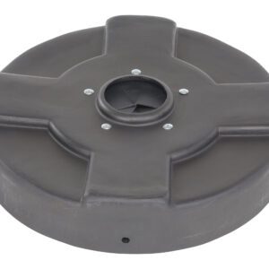 The Vestil Drum Recycling Lid Flaps 30 Gal Black is a round, black plastic lid for a 30-gallon drum. It has a central opening, four cross-like flaps, and five visible screws. The surface is smooth and slightly reflective.