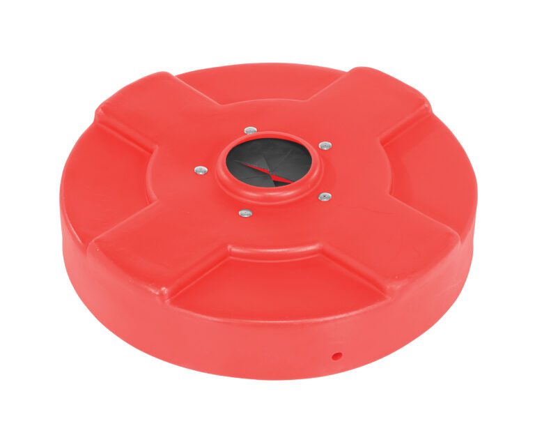 DC-P-30-CANF-RD_A.jpg The Vestil Drum Recyc Lid Flap 30 Gal (Closed) in red is a round lid featuring an X embossed on top and a central black circle bordered by silver bolts, emphasizing its functional industrial or mechanical design.