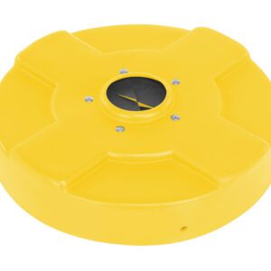 The Vestil Drum Recyc Lid Flap 30 Gal (Closed) Yellow features a circular design with an X-shaped raised pattern and a central black opening secured by four screws, ensuring it stays closed.