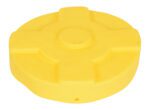 The Vestil Yellow Drum Cover 30 Gallon is a round plastic cover with a raised center and four symmetrical protrusions, resembling a wheel or cap.
