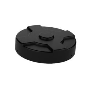 The Vestil Black Drum Cover 55 Gallon features a circular black plastic lid with a cross pattern, viewed at an angle against a white background.