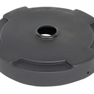 A black, circular, flat object made of plastic resembles the Vestil Drum Recycling Lid 55 Gal Drum Black. It has a central hole and four notches along the edge, indicating it might function as a base or stand for items like an umbrella.
