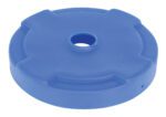 A blue, round rubber bumper with a central hole and four side protrusions resembles the Vestil Drum Recycling Lid 55 Gal Drum Blue. It features a smooth surface similar to an industrial component.