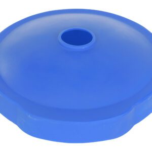 A blue, round, domed plastic item with a central hole similar to a lid or cover, suitable for universal applications like the Vestil Drum Recycling 55 Gal Blue Universal.