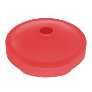 A red, circular plastic object with a central hole resembles the Vestil Drum Recyc Flap 55Gal(Closed/Open) Red, displayed on a white background.