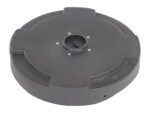 A smooth, round black plastic object with a central vent-like opening resembles the Vestil Drum Recycling Lid Flaps 55 Gal Black. Secured by screws, its design features slightly raised flaps, offering the appearance of a sturdy cover.