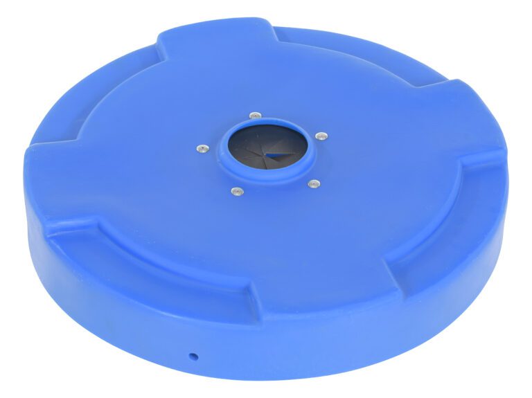 DC-P-55-CANF-BU_A.jpg The Vestil Drum Recycling Lid Flaps 55 Gal Blue is round and blue with a circular opening and metal screws, featuring a flat top, slightly raised edges, and grooves for easy attachment to 55-gallon drums.