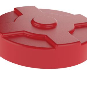 The Vestil Red Drum Cover 55 Gallon has a glossy red circular design with a cross-shaped raised pattern and a small central circle. Tiny holes line the edge, ensuring perfect functionality.