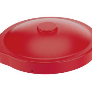 The Vestil Red Drum Cover Universal Fit is a versatile, bright red, round microwave lid with a central handle and side vent. Its smooth surface and slightly raised edge ensure universal protection for your food during microwave heating.