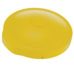 The Vestil Yellow Drum Cover Universal Fit, with a raised circular top, stands out vividly against a white backdrop, showcasing both functionality and style.