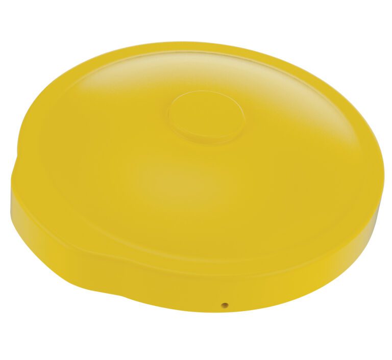 DC-P-55-UF-YL_A.jpg The Vestil Yellow Drum Cover Universal Fit, with a raised circular top, stands out vividly against a white backdrop, showcasing both functionality and style.